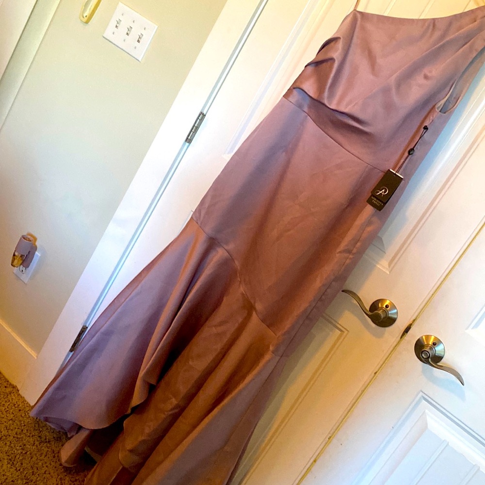 One shoulder hi lo Mikado style gown